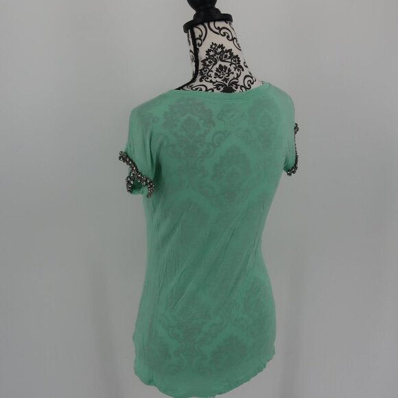 INC International Concepts Teal Semi Sheer T-Shirt Rhinestone Detail Sleeves XS - Picture 5 of 9